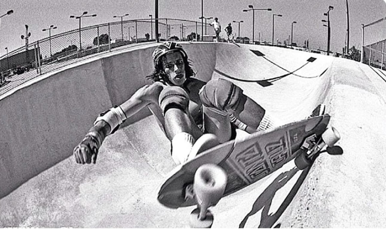 Steve Olson skateboarding at Lakewood Center in 1978