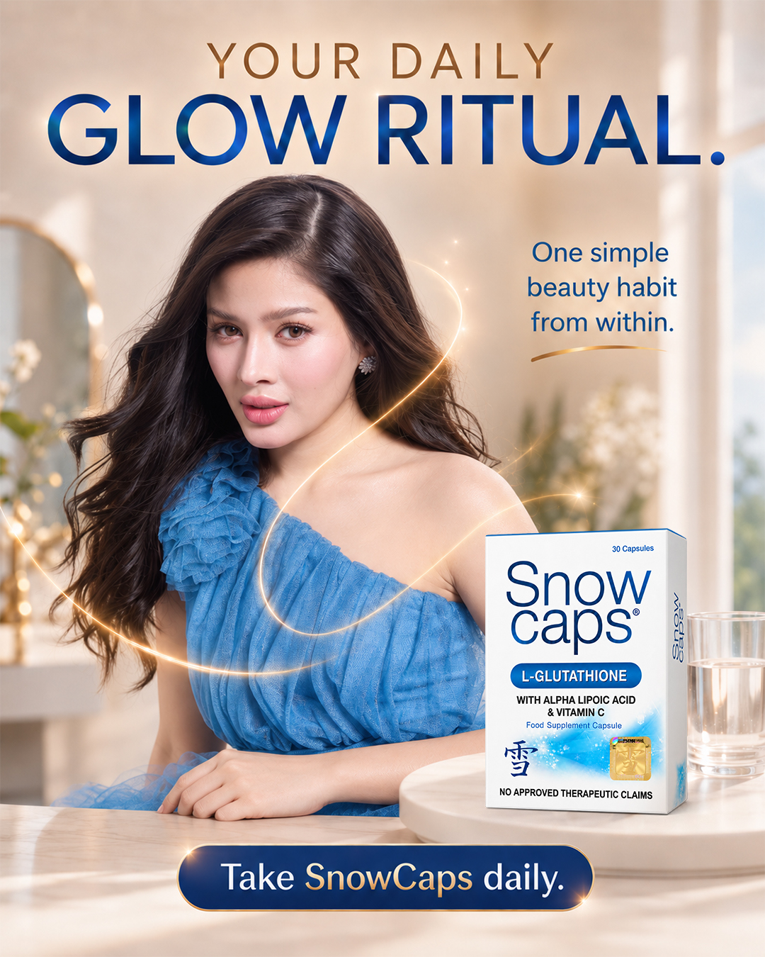 Great glow is supported by consistent care. Make SnowCaps part of your daily beauty ritual—with premium Setria® L-Glutathione from Japan, Alpha Lipoic Acid, and Vitamin C. One simple habit. More sup