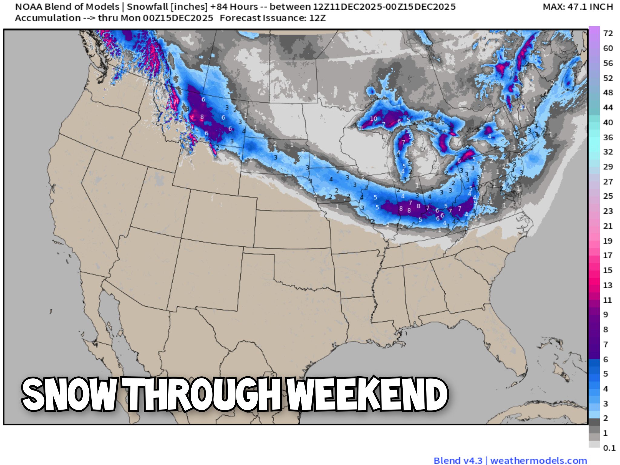 Mike's - Kinda odd snowfall map the next few days here. Continued jet ...