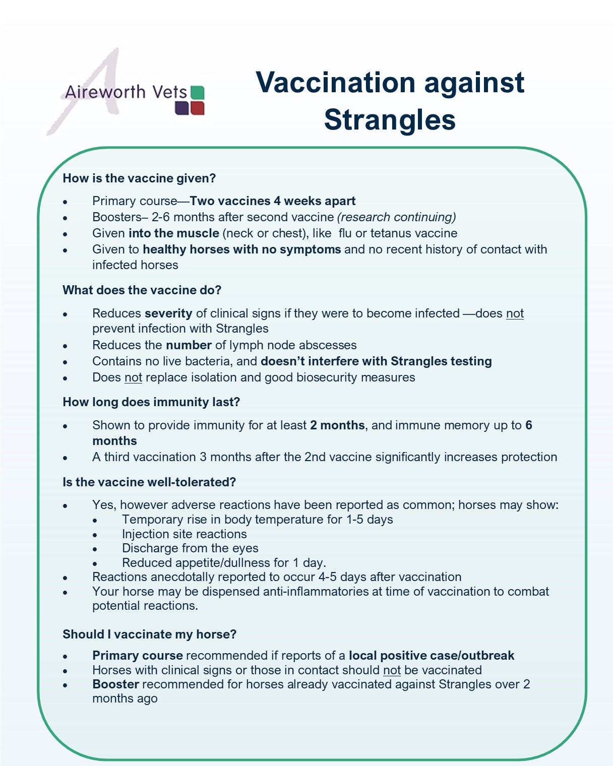 Vaccination against strangles:... - Aireworth Vets Equine | Facebook