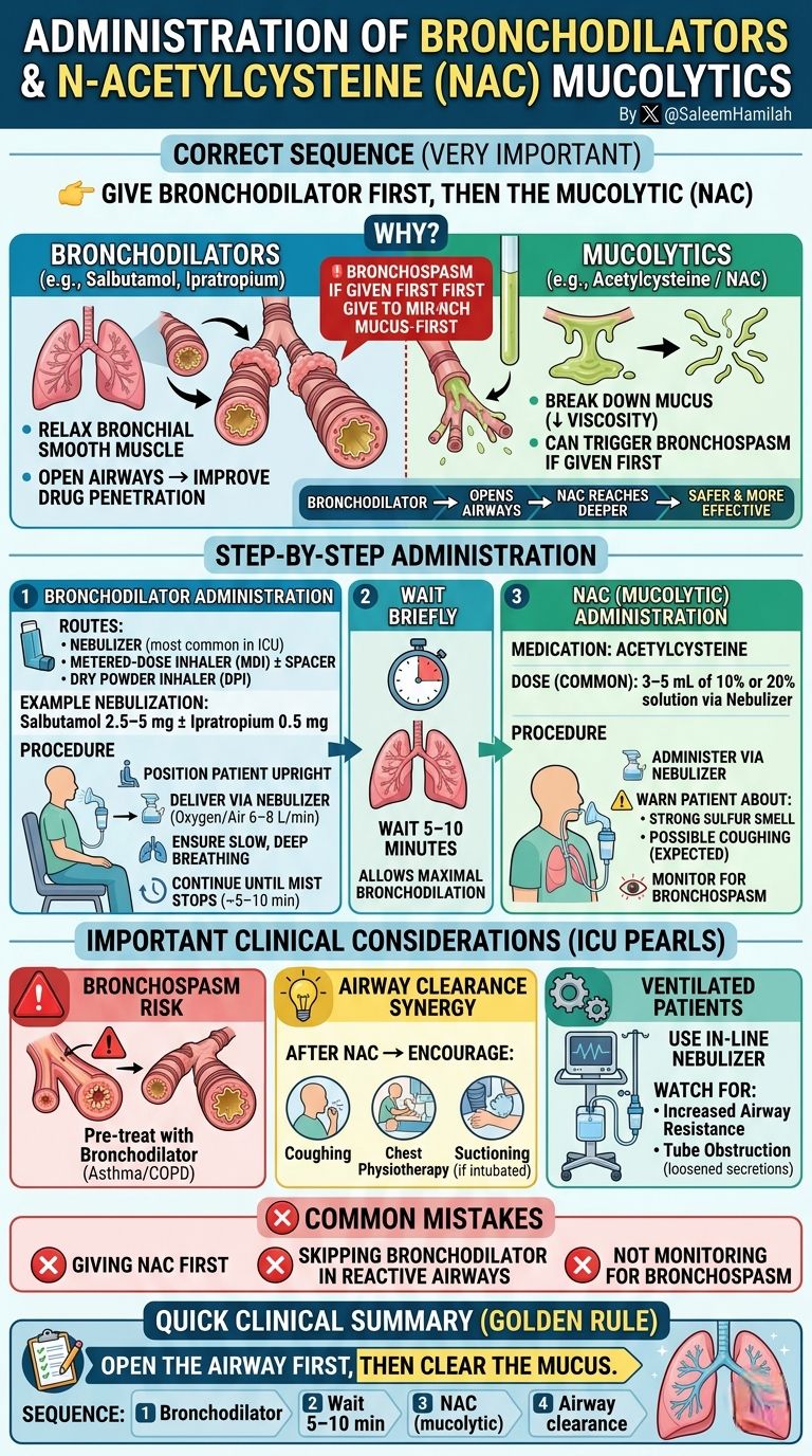🫁 Administration of Bronchodilators & N-Acetylcysteine (NAC) Mucolytics By Saleem N. Hamilah 🧠 Quick Clinical Summary: 👉 Golden Rule: “Open the airway first, then clear the mucus.” Sequence: 1️⃣ Bronchodilator 2️⃣ Wait