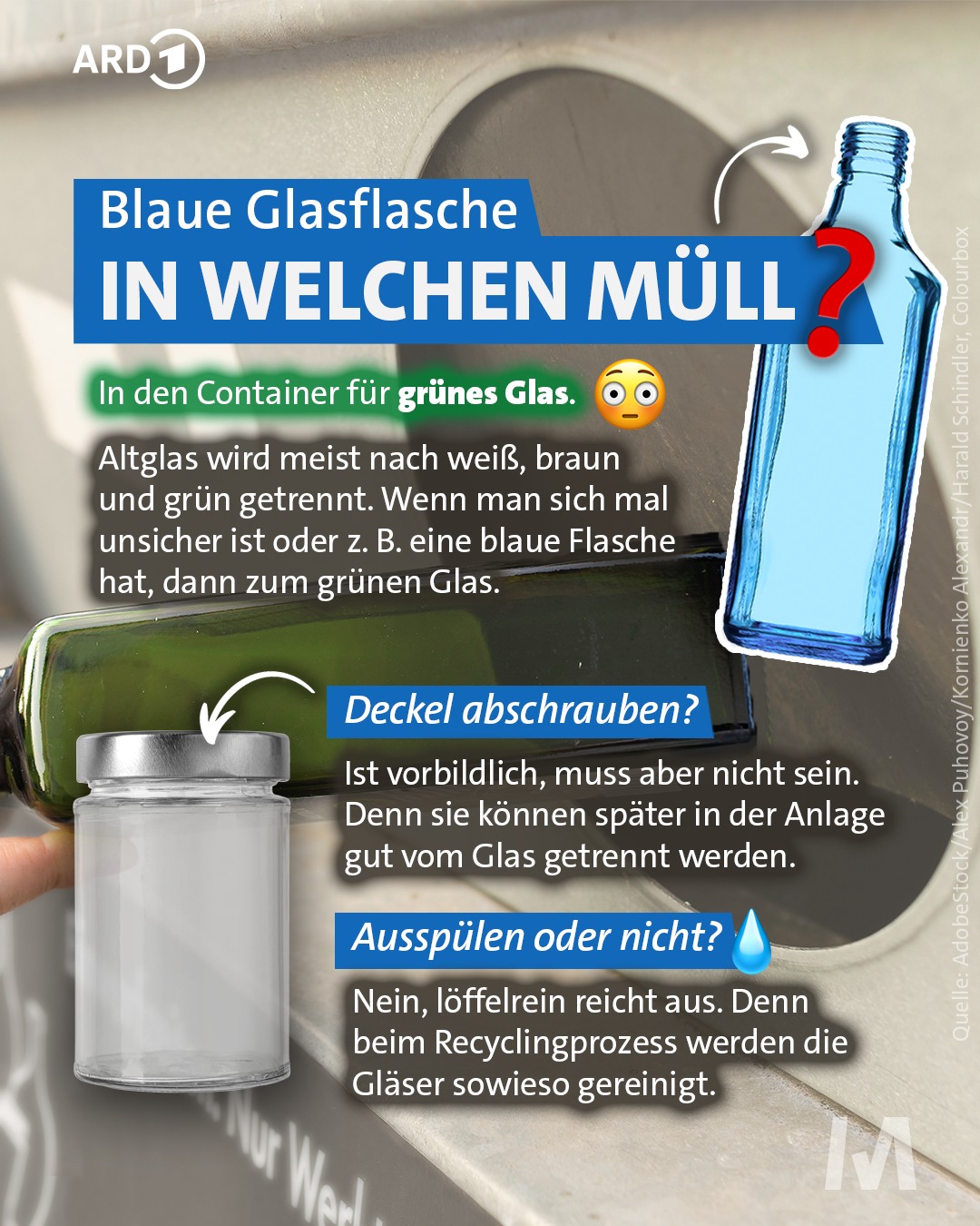 Wusstet ihr das? Trinkgläser gehören nicht in die Glascontainer. 🛑 Zudem müssen Dinge wie Keramik, Porzellan, Spiegel, Leuchtmittel oder Glasscherben anderweitig entsorgt werden – zum Beispiel auf dem