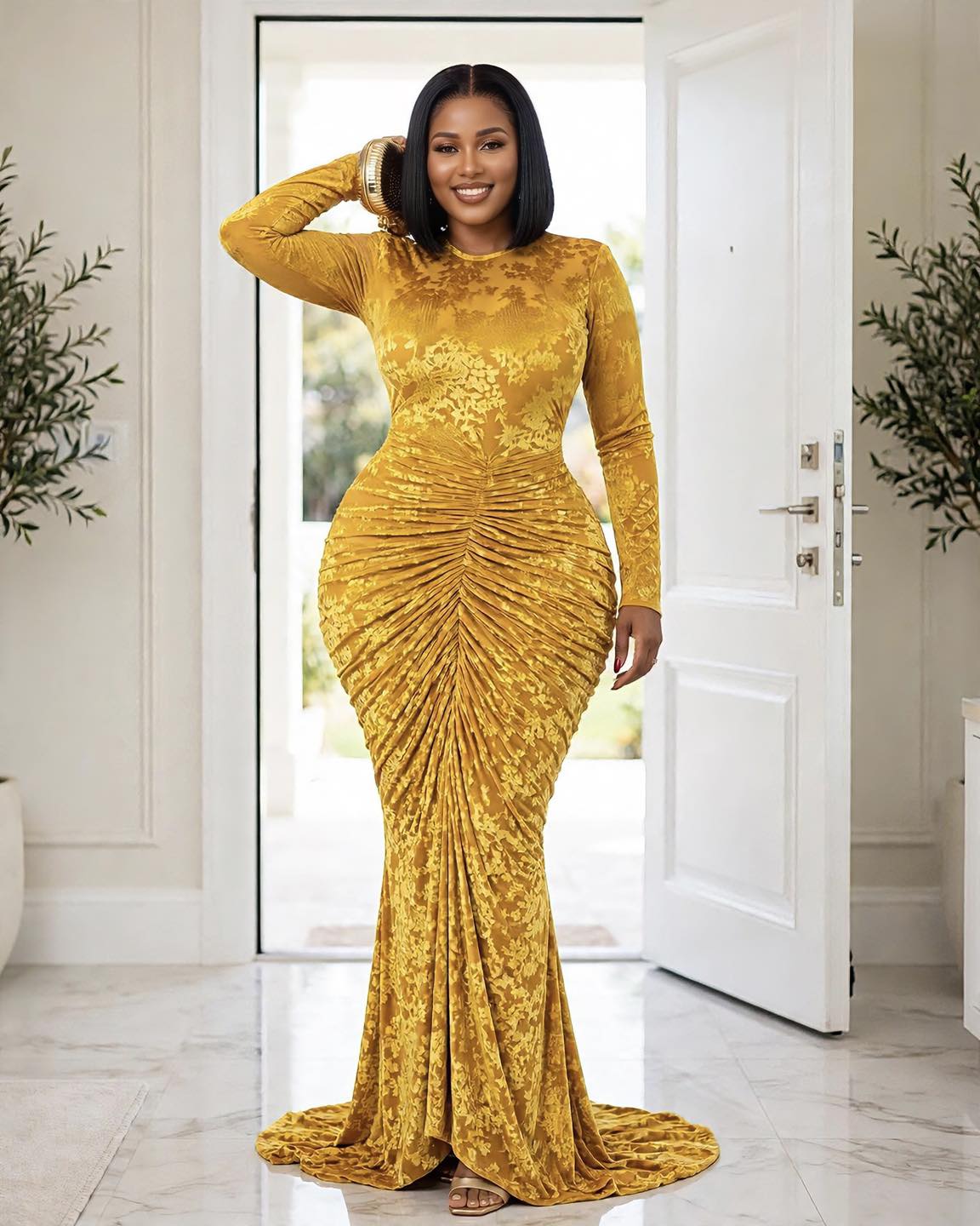 gold velvet dress with sleeves Golden ruched long sleeve gown 🔥💖 Would you wear this mustard velvet for wedding guest? #velvetrucheddress #mustardgownstyle Color:AA201