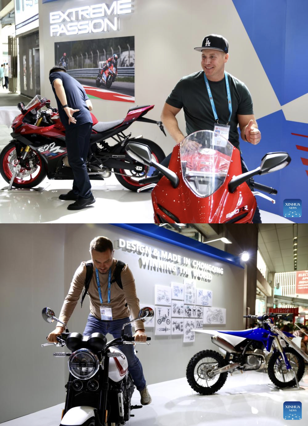 Visitors look at products of Chinese motorcycle maker ZXMOTO at