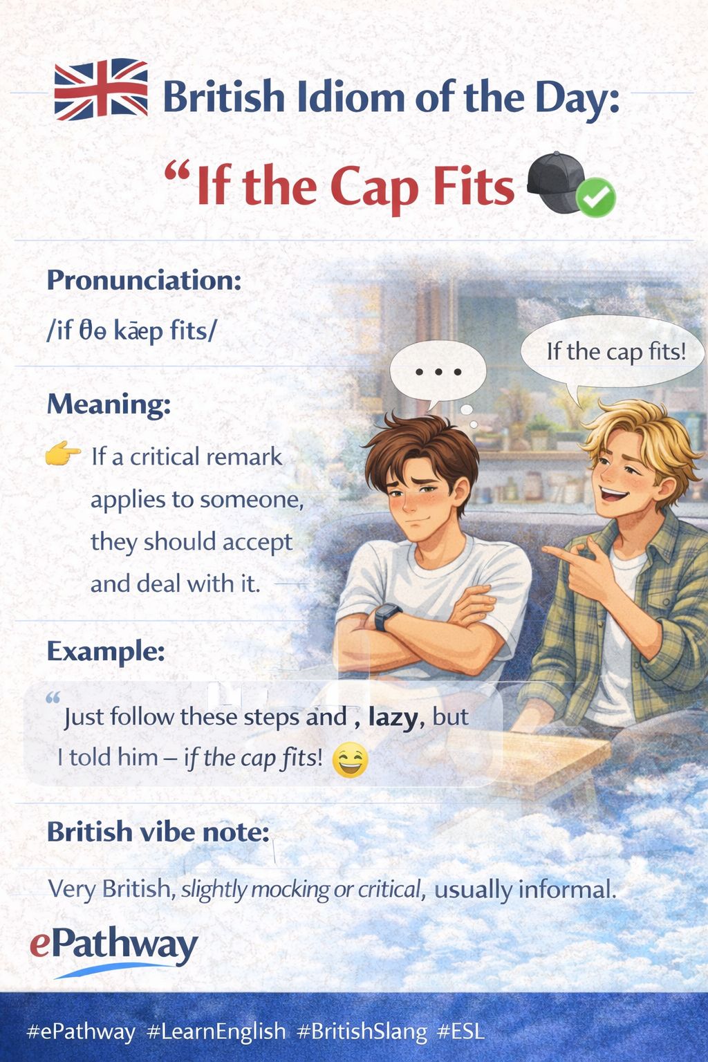 English - 🇬🇧 British Idiom of the Day 🧢 If the Cap Fits 📖 Meaning: 👉 If ...