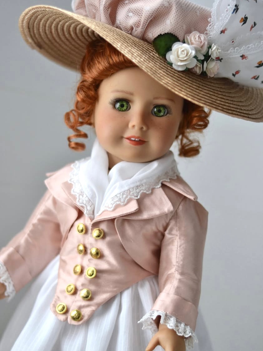 Felicity's 1784 birthday outfit with Lemon Bay Doll's pierrot jacket pattern