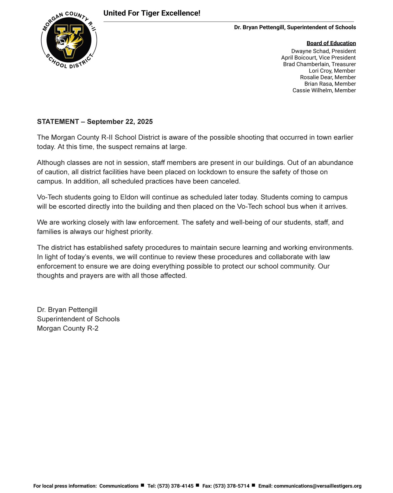 Morgan - -- STATEMENT FROM SUPERINTENDENT OF SCHOOLS, DR. BRYAN ...