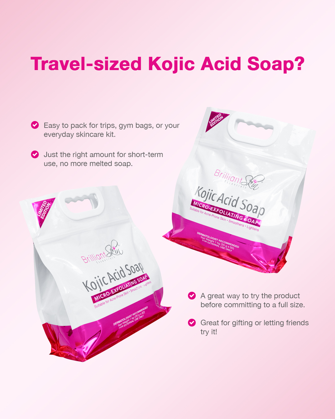 Your glow essential, now travel-ready! 😍🫧 1KG Kojic Acid Soap comes with 50 pcs of 20g soap sizes inside. Checkout now for only ₱350.00 before stocks run out! ✨🛒 #BrilliantSkinEssentials #KojicAcidSoap