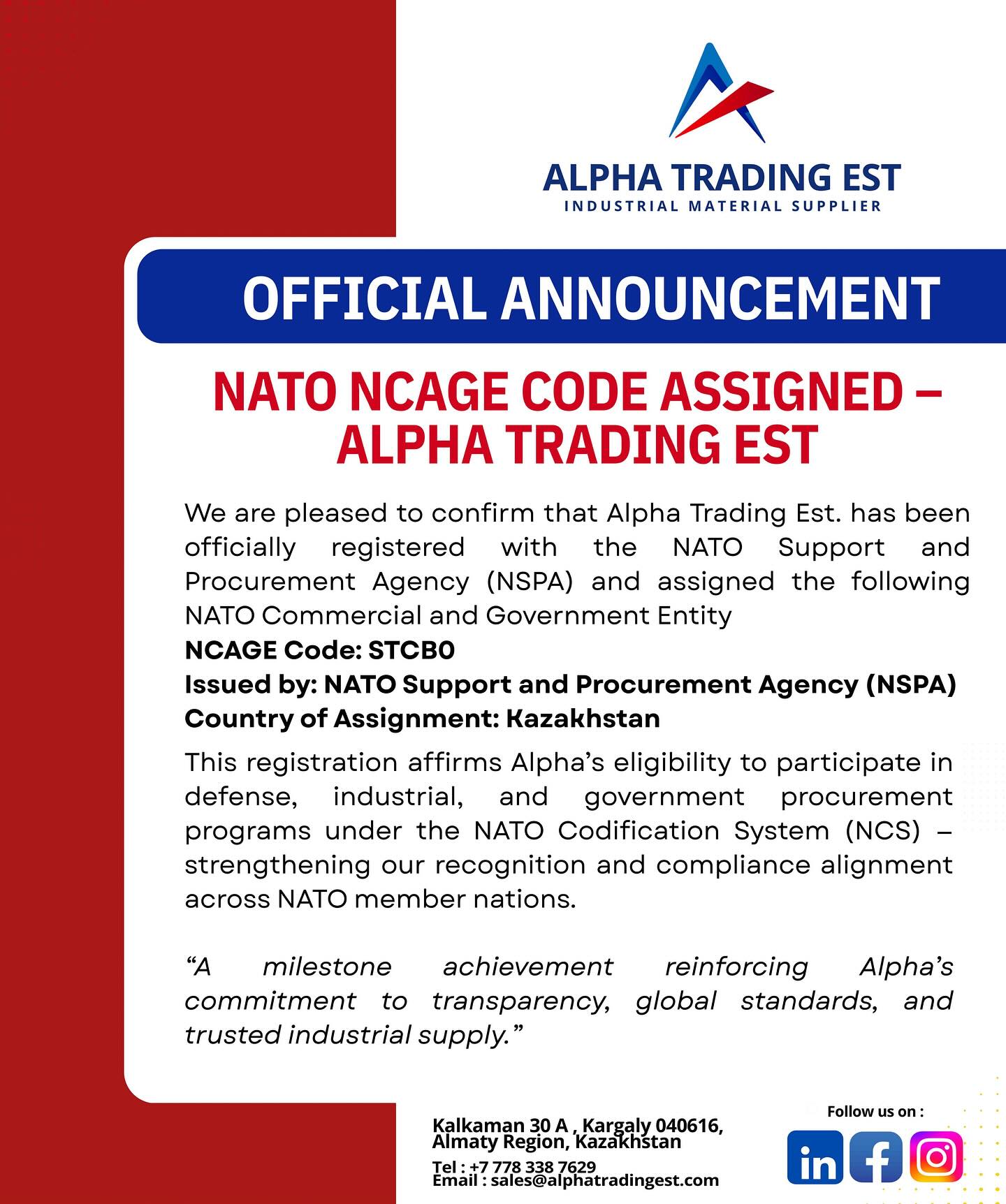 Alpha - 🎯 Officially NCAGE Registered – Alpha Trading Est We’re proud ...