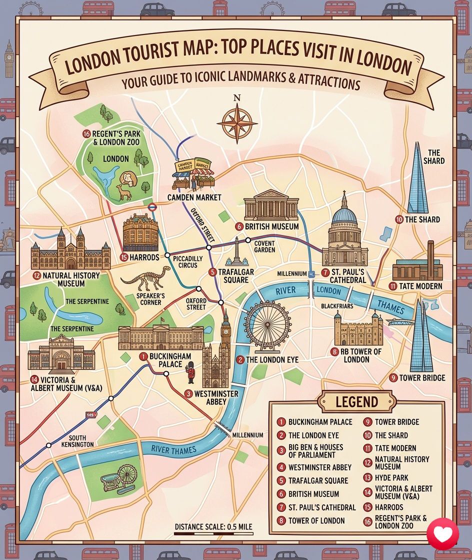 Illustrated London travel map with iconic sights and historic streets