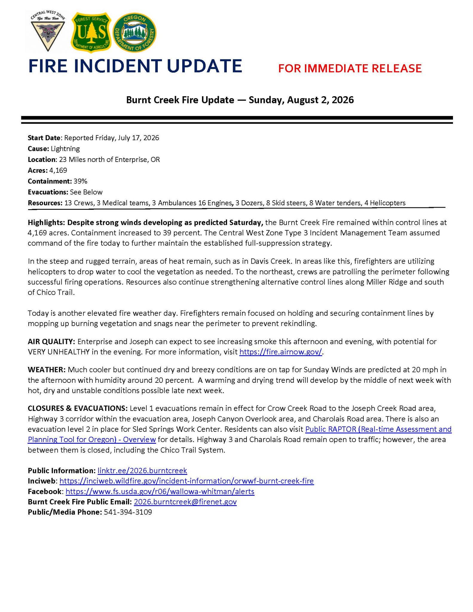 Burnt Creek Fire Update for Sunday, August 2 Start Date: Reported