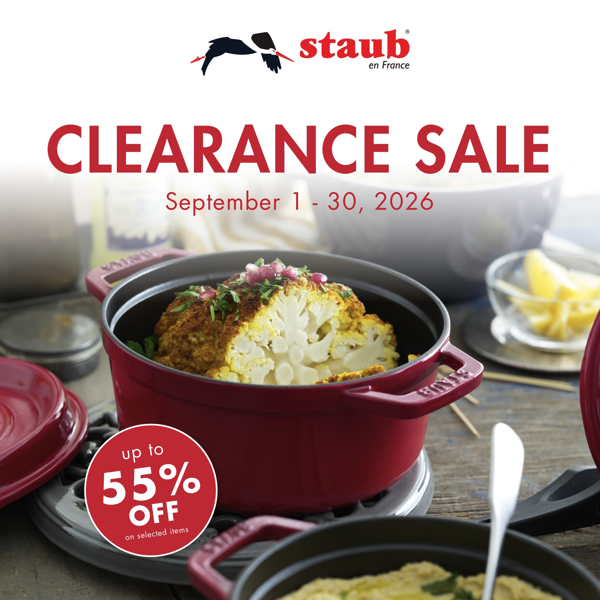 STAUB SAVINGS ARE HERE!✨ Add a little more style to your kitchen with Staub cookware and essentials at up to 55% OFF. 🍳❤️ Don't wait too long these clearance deals are until