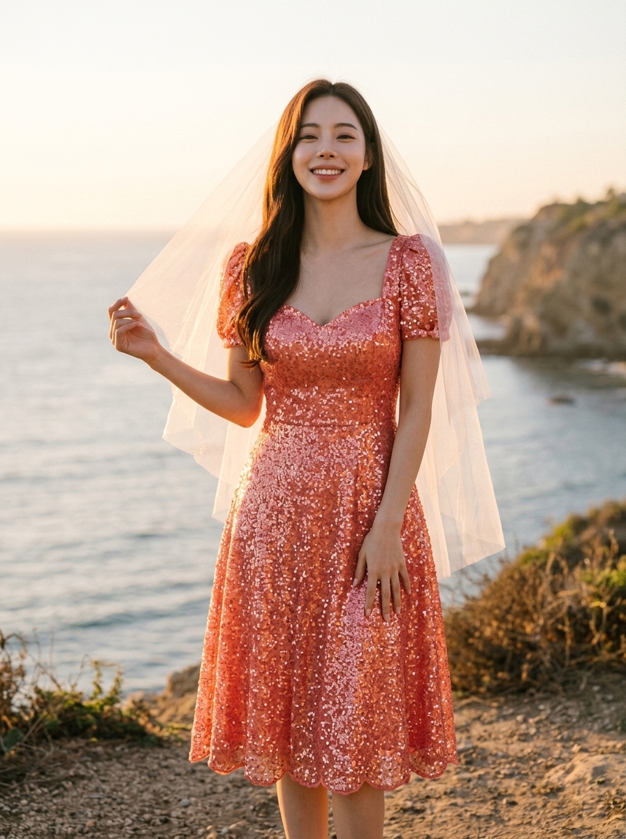Coral pink sequin dress for a coastal wedding