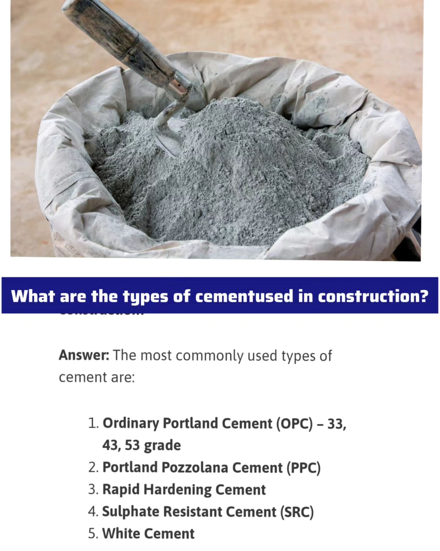 Civil - What are the types of cement used in construction? | Facebook