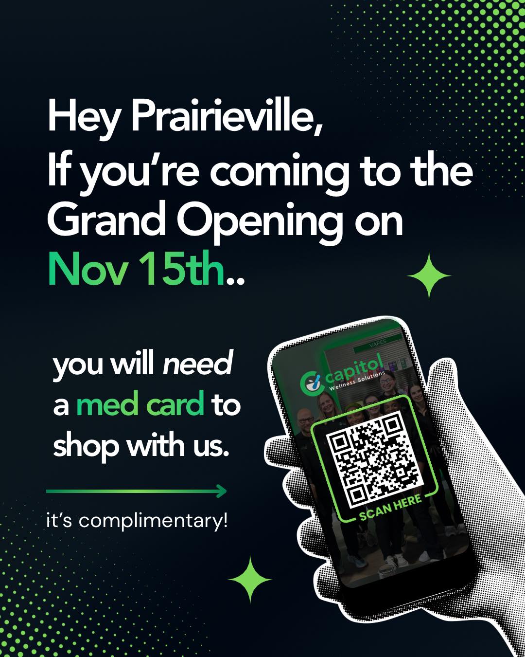 Headed to our Prairieville Grand Opening? 🌿 Get your free med card ahead of time — just scan the QR code below and fill out the form to speed things up. Your