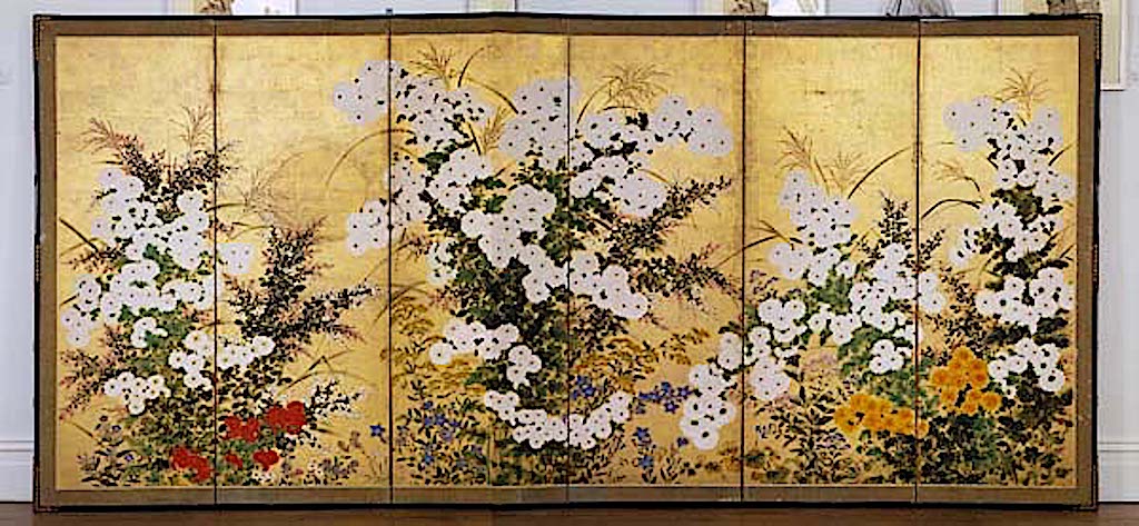 A six screen panel painting (ink and gold on paper, dated to the