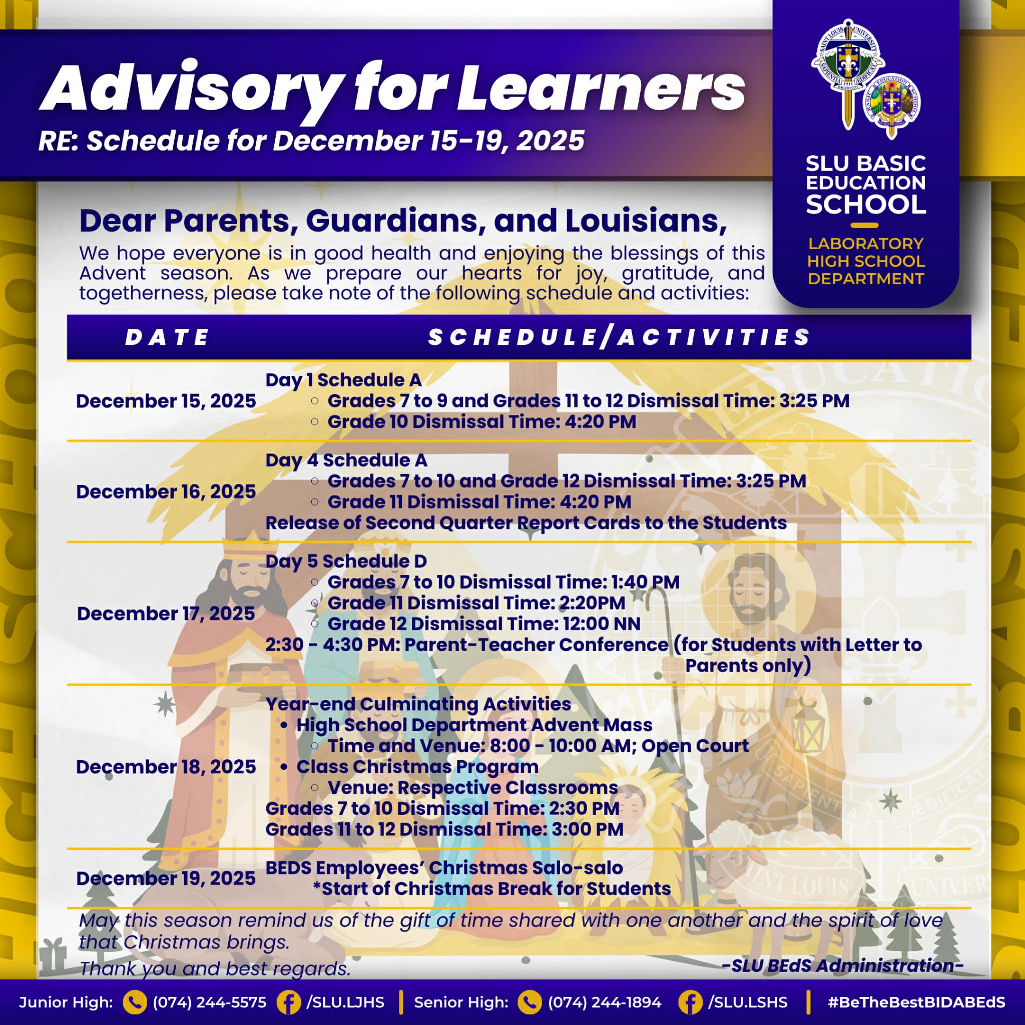 SLU - Dear Louisians, be guided of our schedule for this week. Thank ...