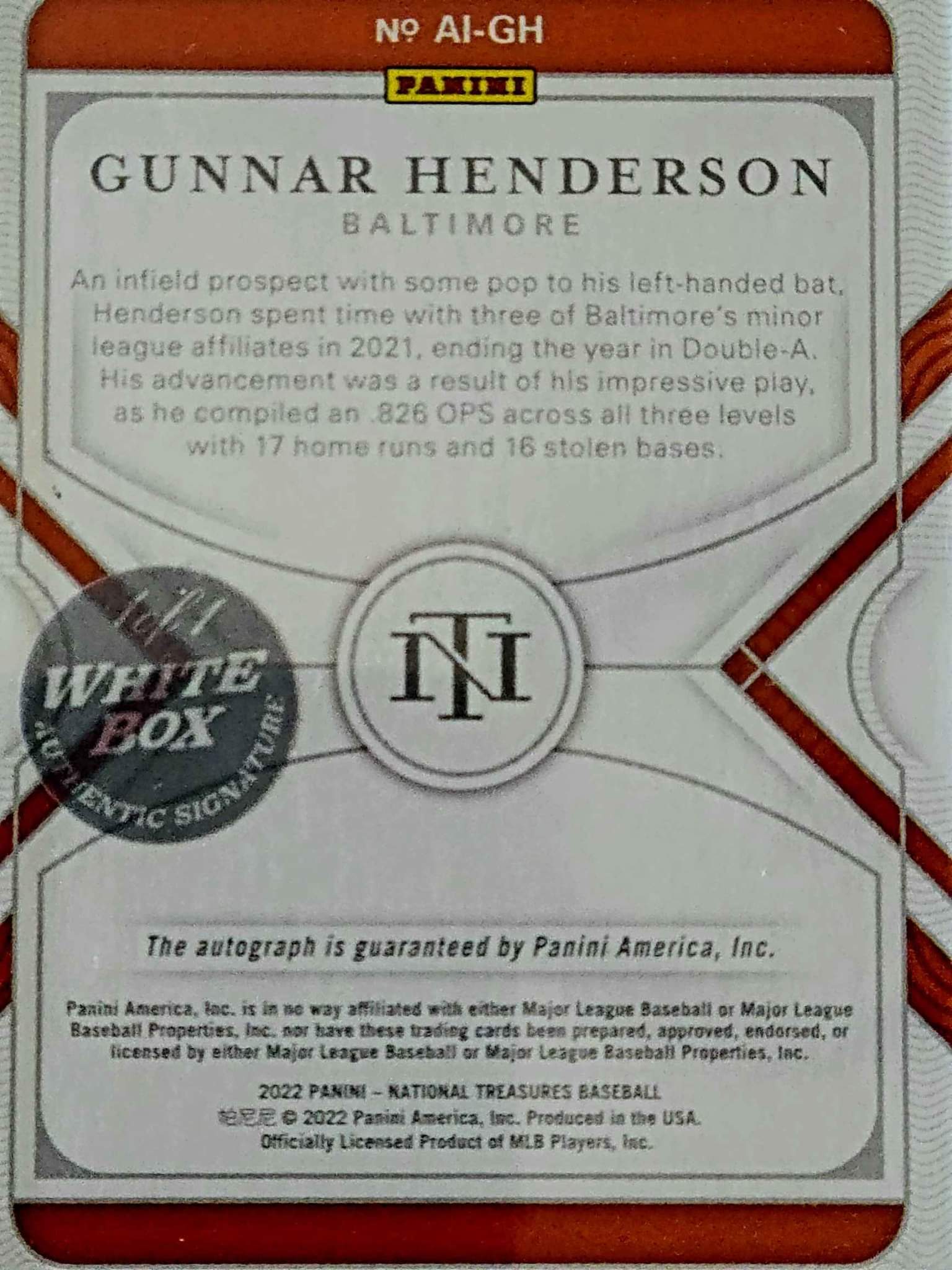 2022 Gunnar Henderson Panini 1 of 1 on card auto White Box Exclusive