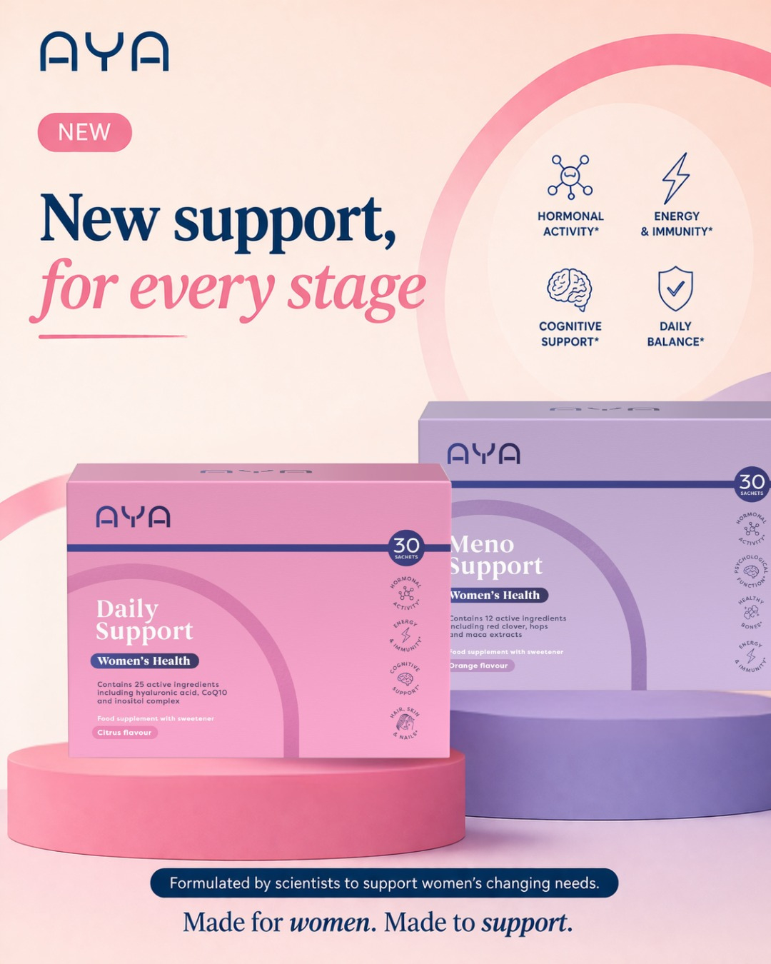 Meet the new AYA Women's Health range 💫 Two formulas. Two stages