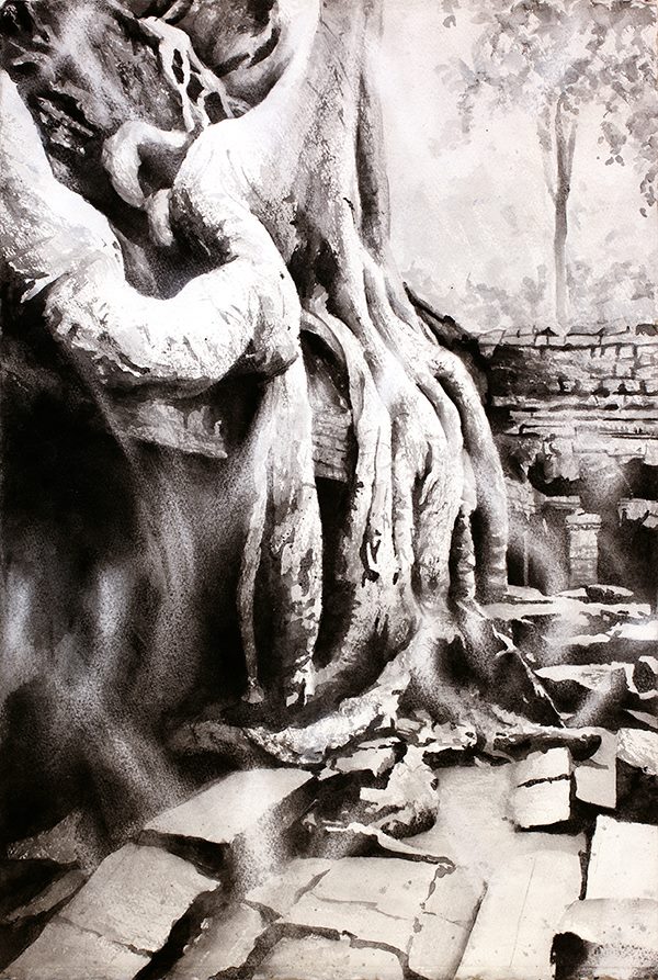 Ta Prohm temple ruins in Angkor Wat, Cambodia, oil painting