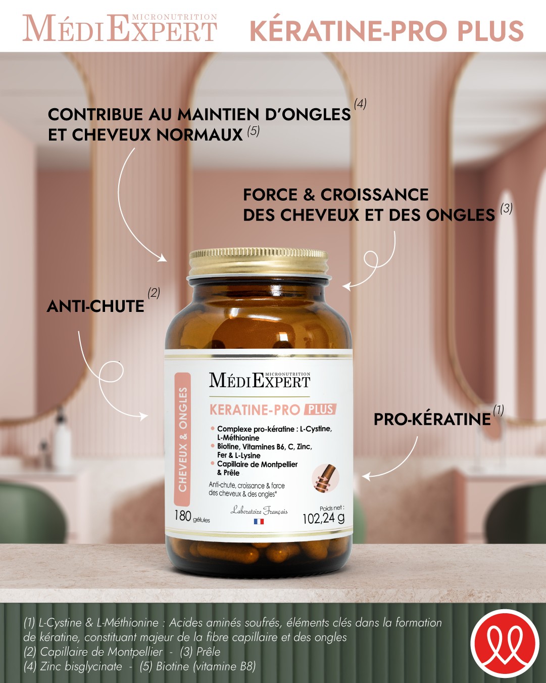 Complément Alimentaire Cheveux, Peau, Ongles - Biotine, Collagène, Kératine - 60 Gélules - Neuf