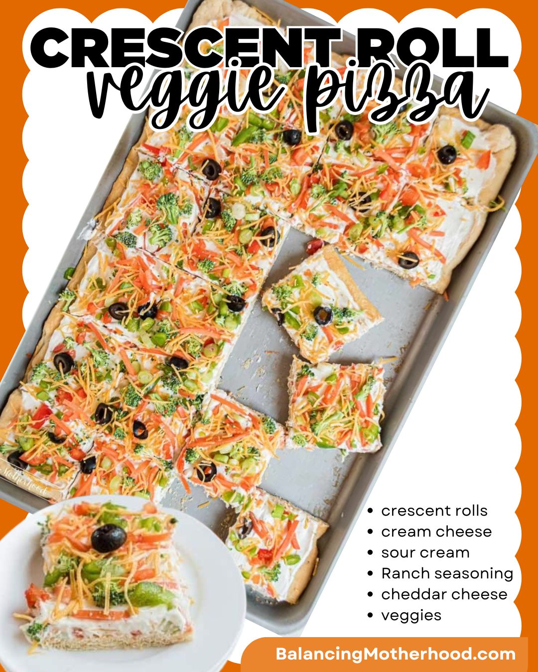 A great appetizer or potluck item to serve to family and friends! Crescent Roll Veggie Pizza Ingredients: 2 cans crescent rolls 8 ounces cream cheese 8 ounces sour cream 1 Tablespoons mayonnaise
