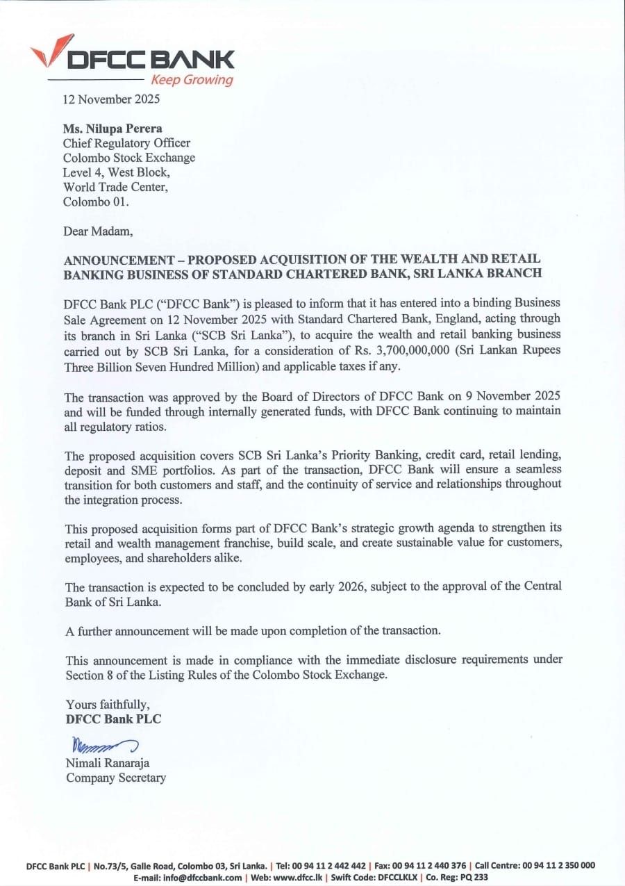 Sri - DFCC to acquire Standard Chartered’s retail banking in Sri Lanka ...