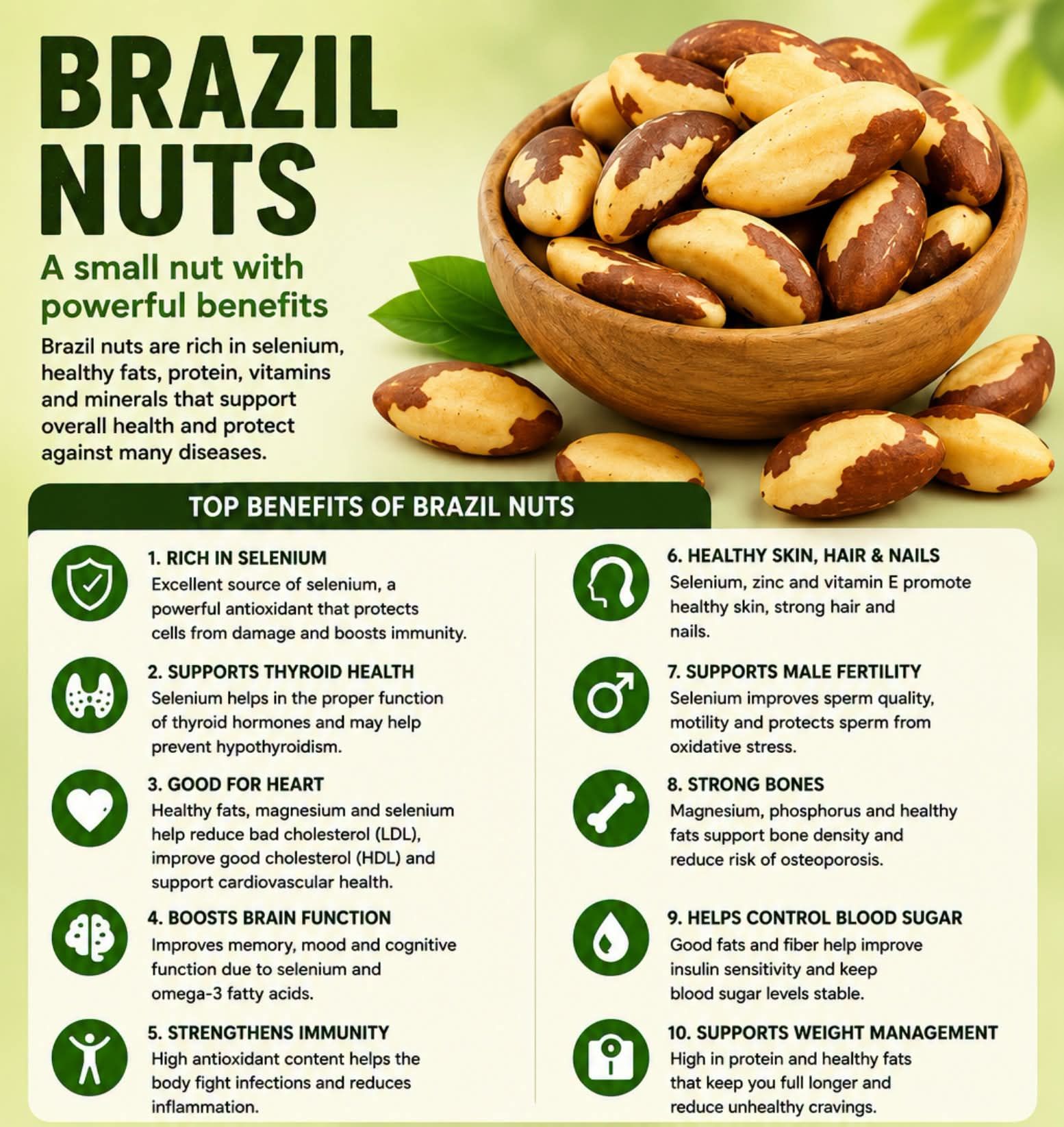 Brazil nut benefits are many and include lowering disease risk, protecting the heart, and promoting sleep. Learn all their impressive health benefits and find out why you should eat them in moderation