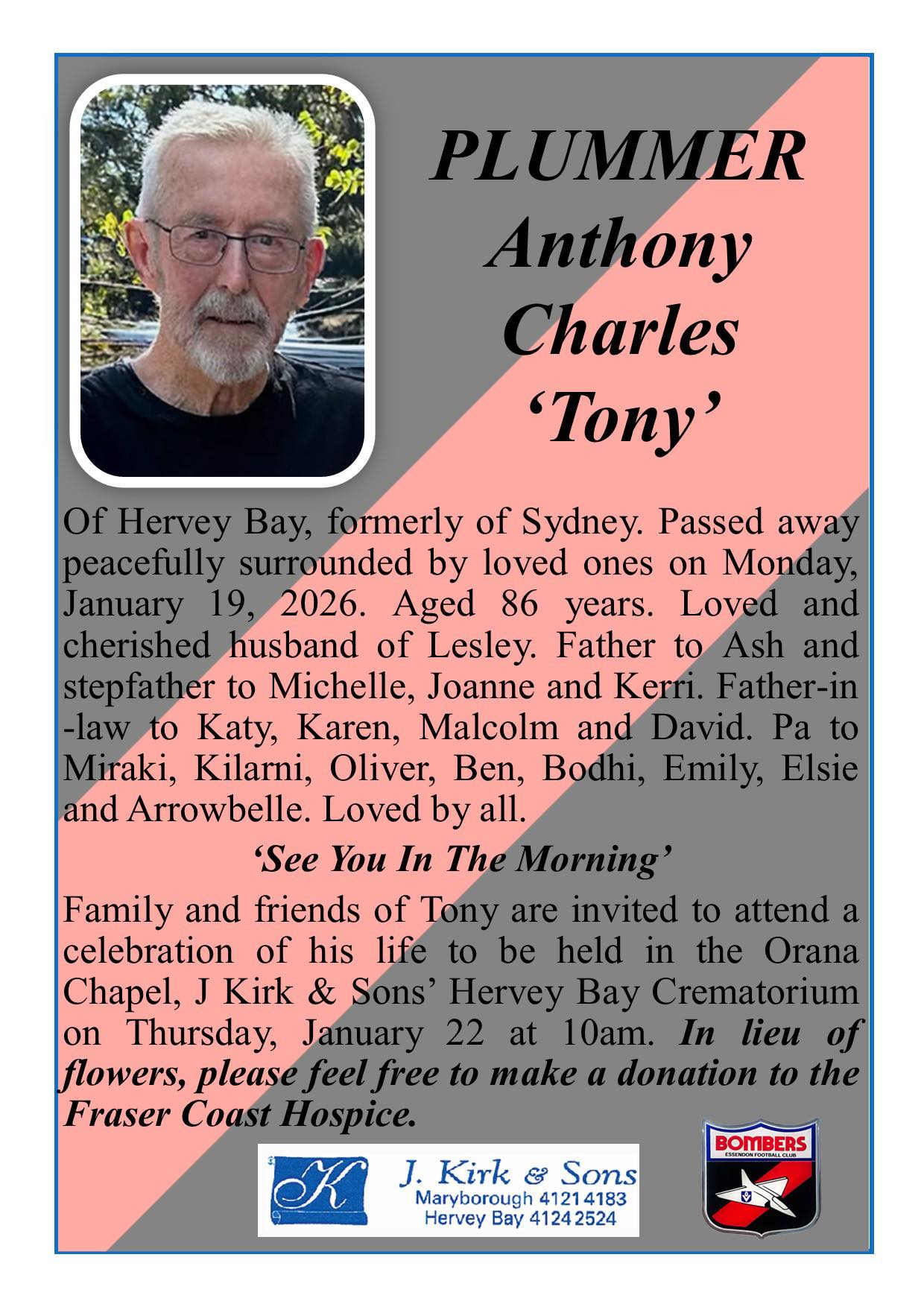 Funeral notice for Tony Plummer. - J Kirk and Sons Funerals | Facebook