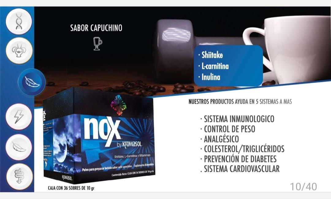 nox by kromasol shiitake l-carnitina y vitaminas como tomar Sabor café capuchino Ayuda al control de peso Analgésico Colesterol, Trigliceridos Prevención de diabetes Sistema cardiovascular Es un potente quemador de grasa Mejora la circulac Fertility supplement