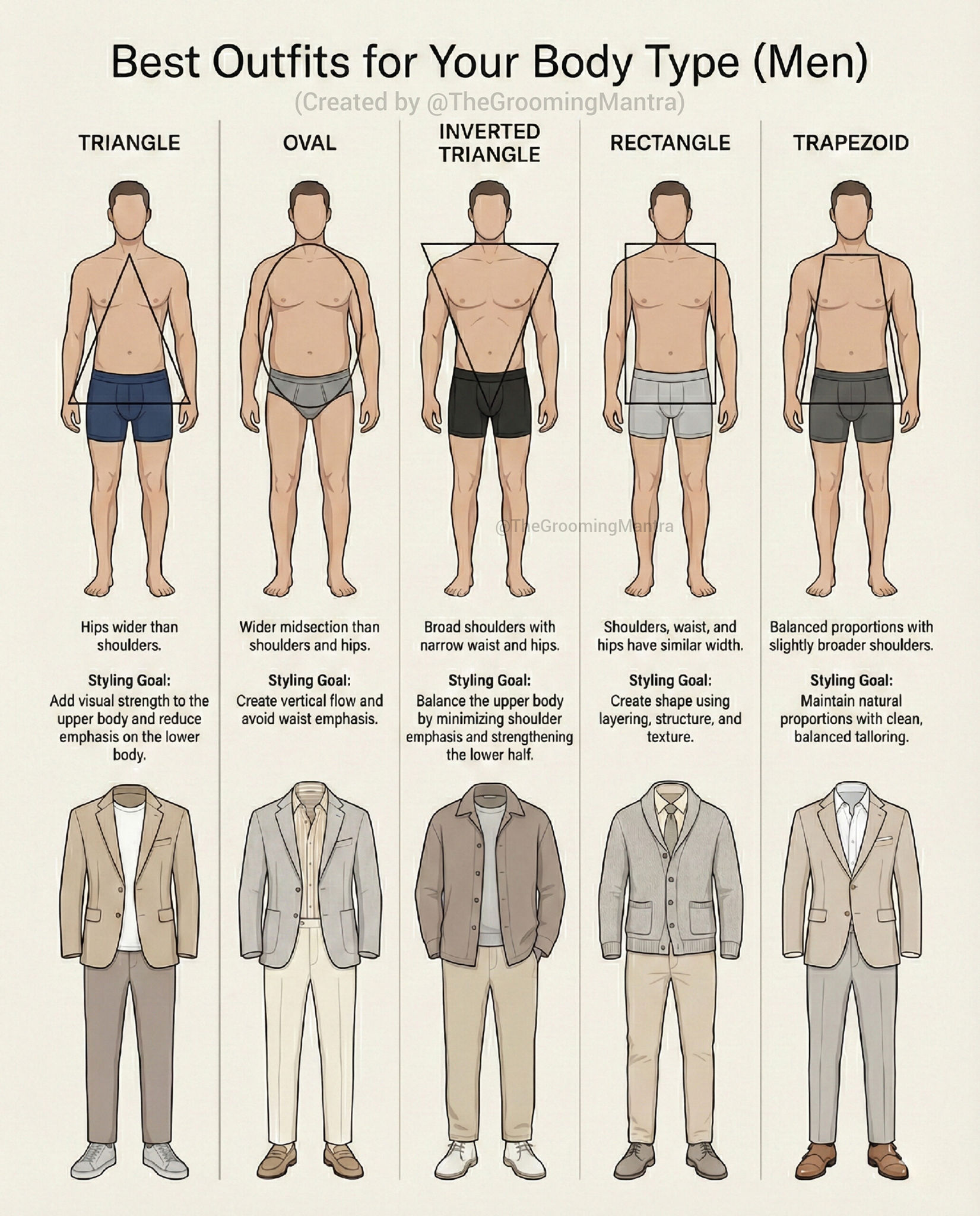 Your body shape decides how your clothes look. Not the brand. Not the price. Most men blame their outfit. Smart men study their structure. 🔺 Triangle (pear shape) – build strength on
