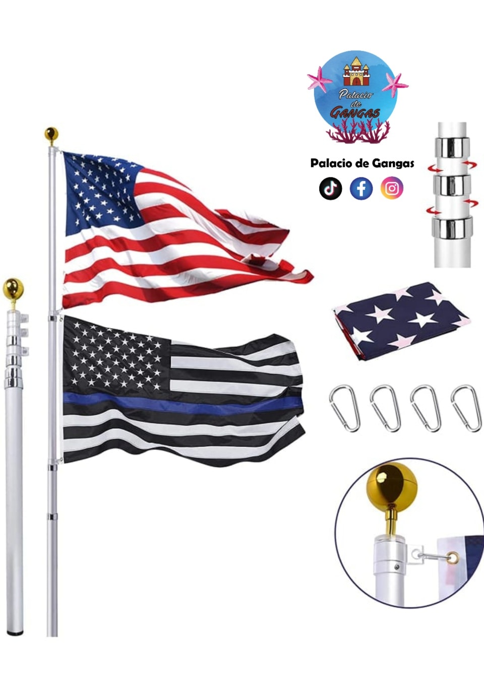 4 Astas Bandera Telescópicas + 8 Ganchos - 2m Extendible (Colores)