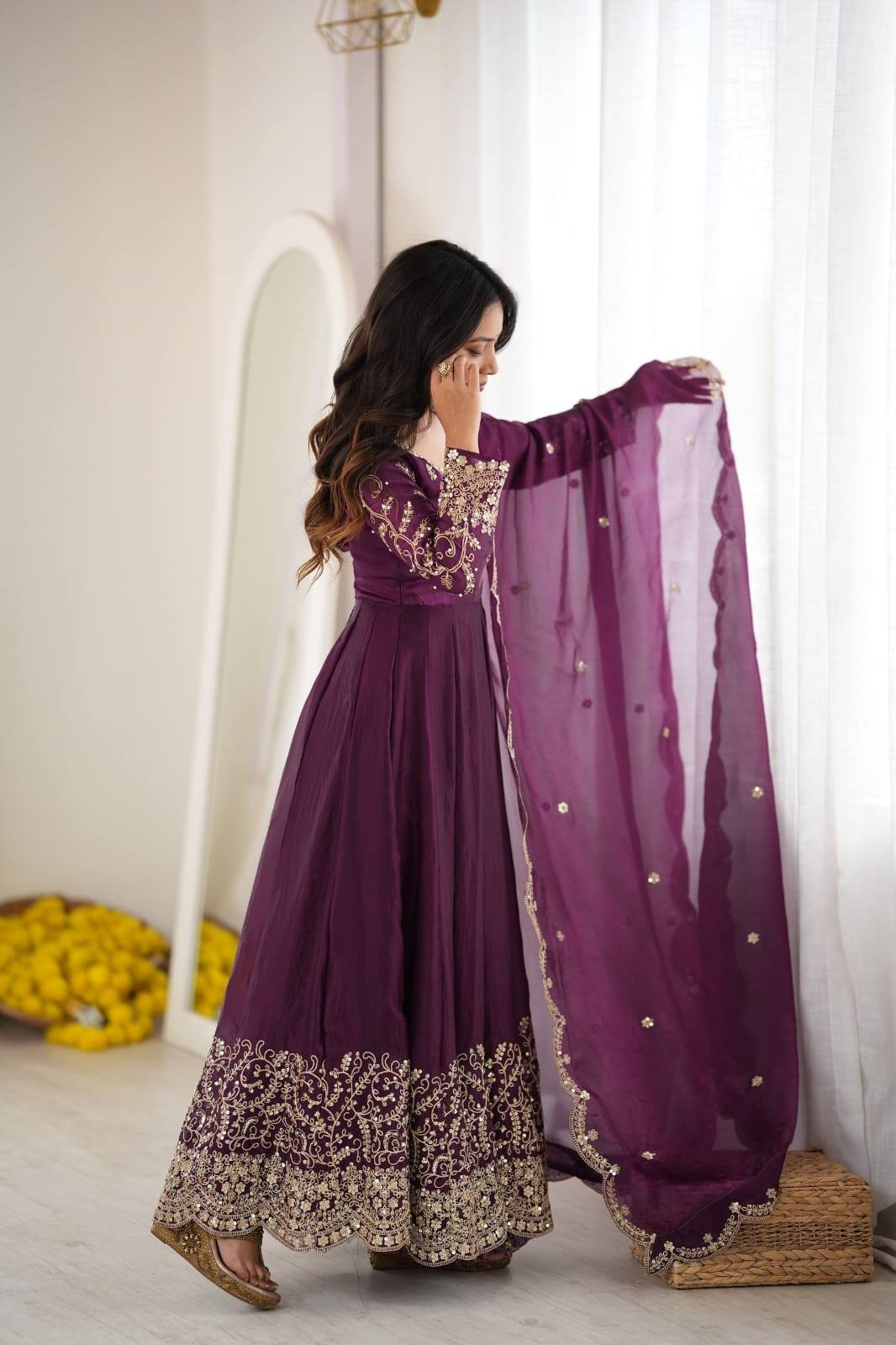 anarkali dress stitching designs 1670/- 🧵 *Stitching:* *Fully Stitched & Ready to Wear* 👚 * GOWN:* • *Fabric:* * Silk* • ⁠*Design:* *Embroidery Codding And Sequence Work* • *Sleeves:* Full • *Inner:* Cotton 📏⁠ *Sizes anarkali dress designs from saree Wrap Boho Dress / Color:Smoke Pink cape sleeve bridal wedding dress