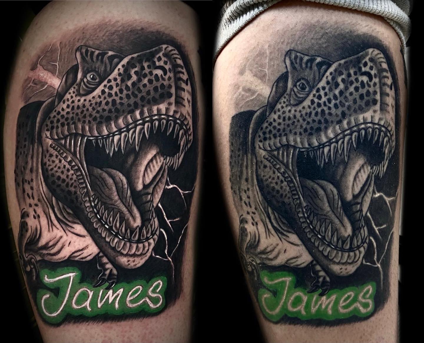 Turquoisish T-Rex tattoo by @mrush76 at STL Ink