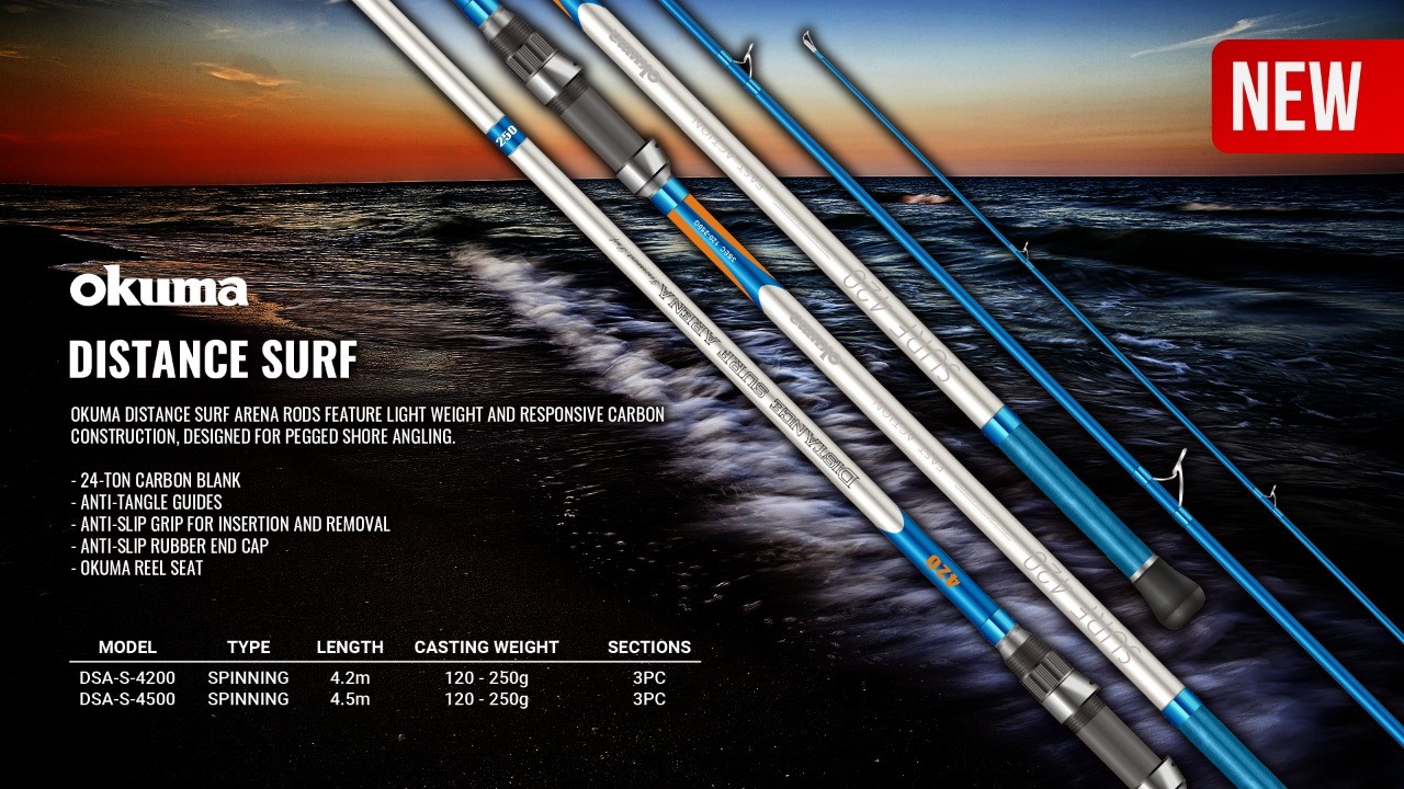 okuma distance surf arena rod Rockaway Travel Rods The rod is finished off in a stunning vibrant blue colour with silver colour detailing throughout Okuma - Pegged shore anglers