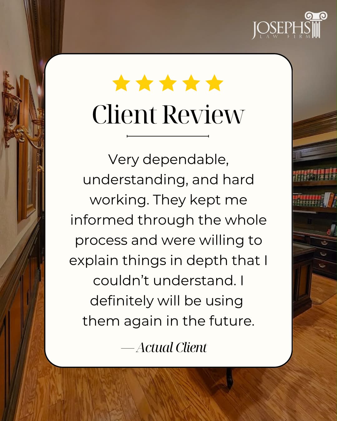 Josephs Law Firm 5-star client review in SC and NC