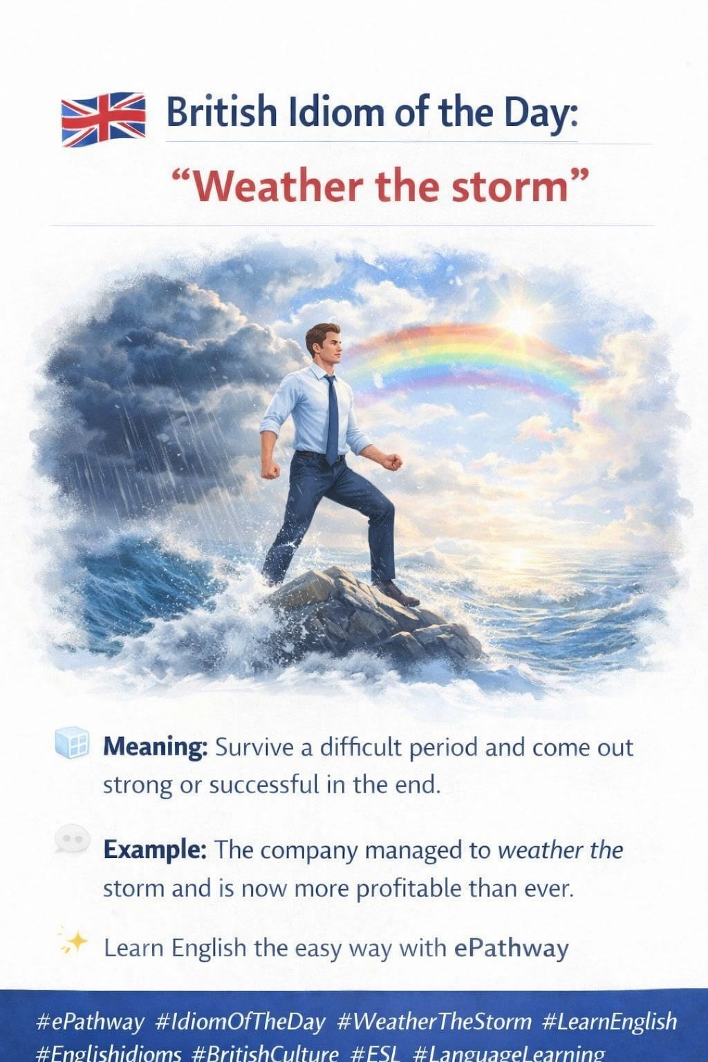 English - 🇬🇧 British Idiom of the Day Weather the storm 🌧️ ️☀️ ...