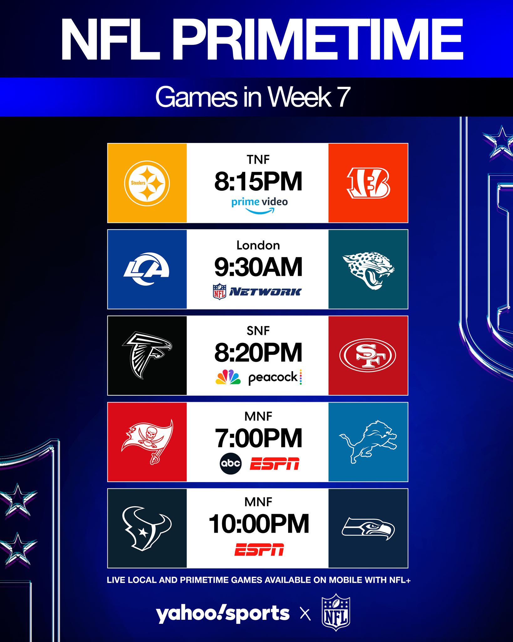 Yahoo - Week 7 includes the final game in London 🏴󠁧󠁢󠁥󠁮󠁧󠁿🇺🇸 Only on NFL ...