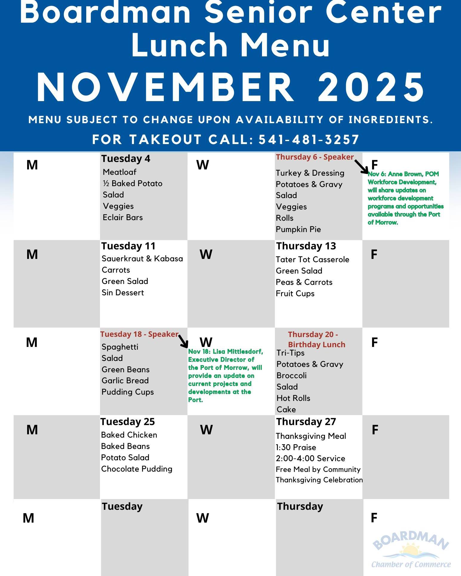 Boardman - 🥗 Reminder! The Boardman Senior Center November Lunch Menu ...