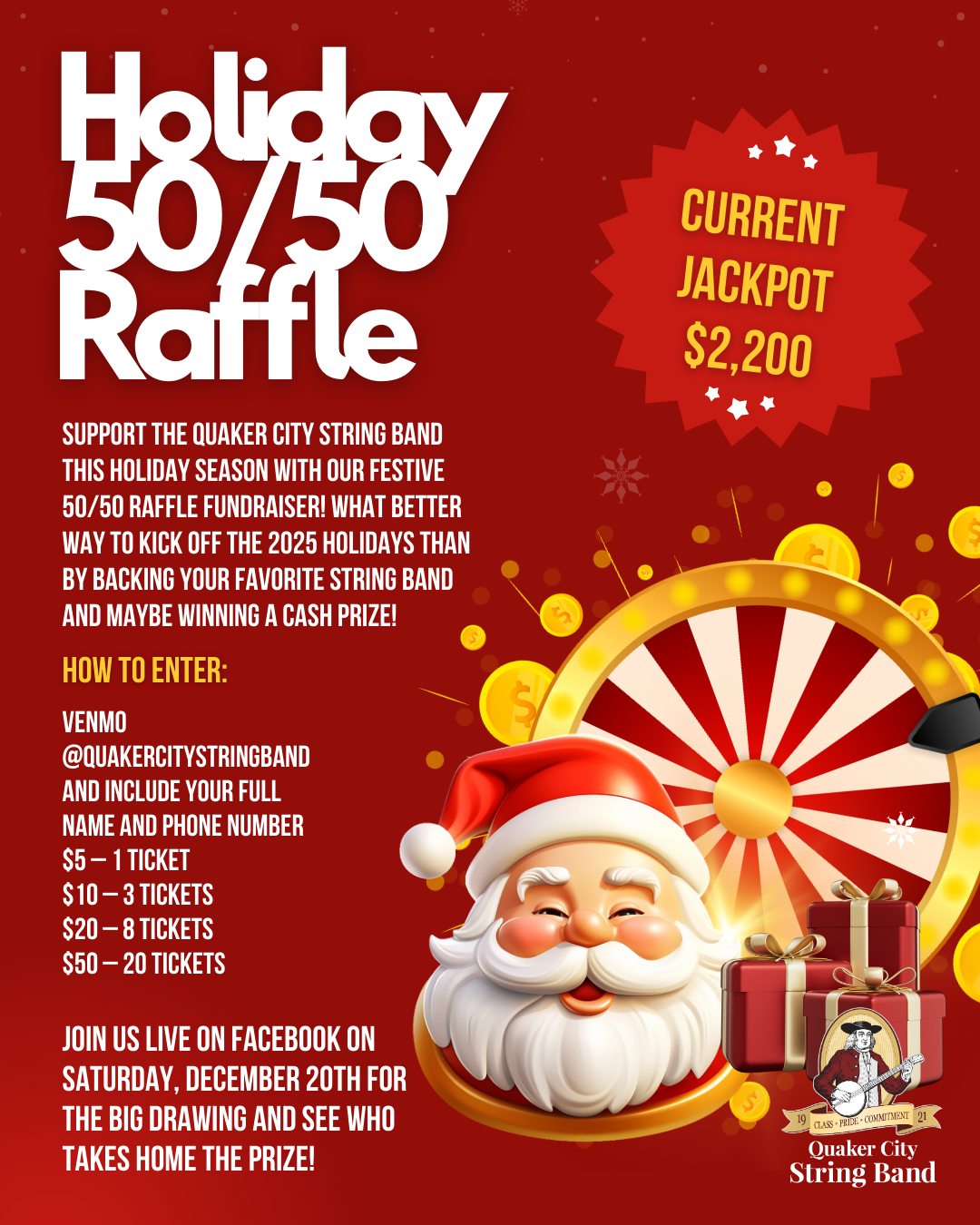 Quaker - 🎄 Holiday 50/50 Raffle Update 🎟️ The pot has grown to $2,200 ...