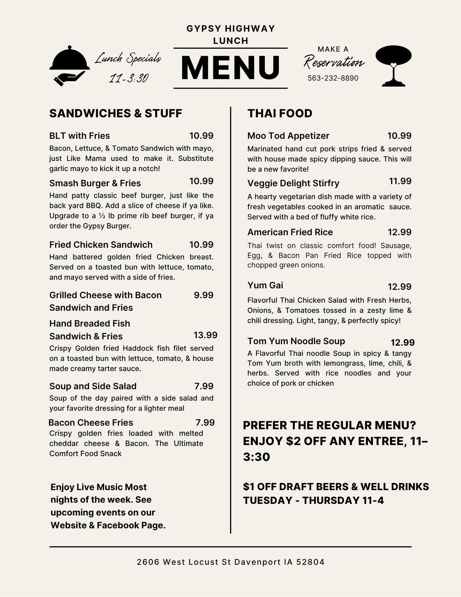 GypsyHighway - We created a New Lunch menu that we plan to launch today ...