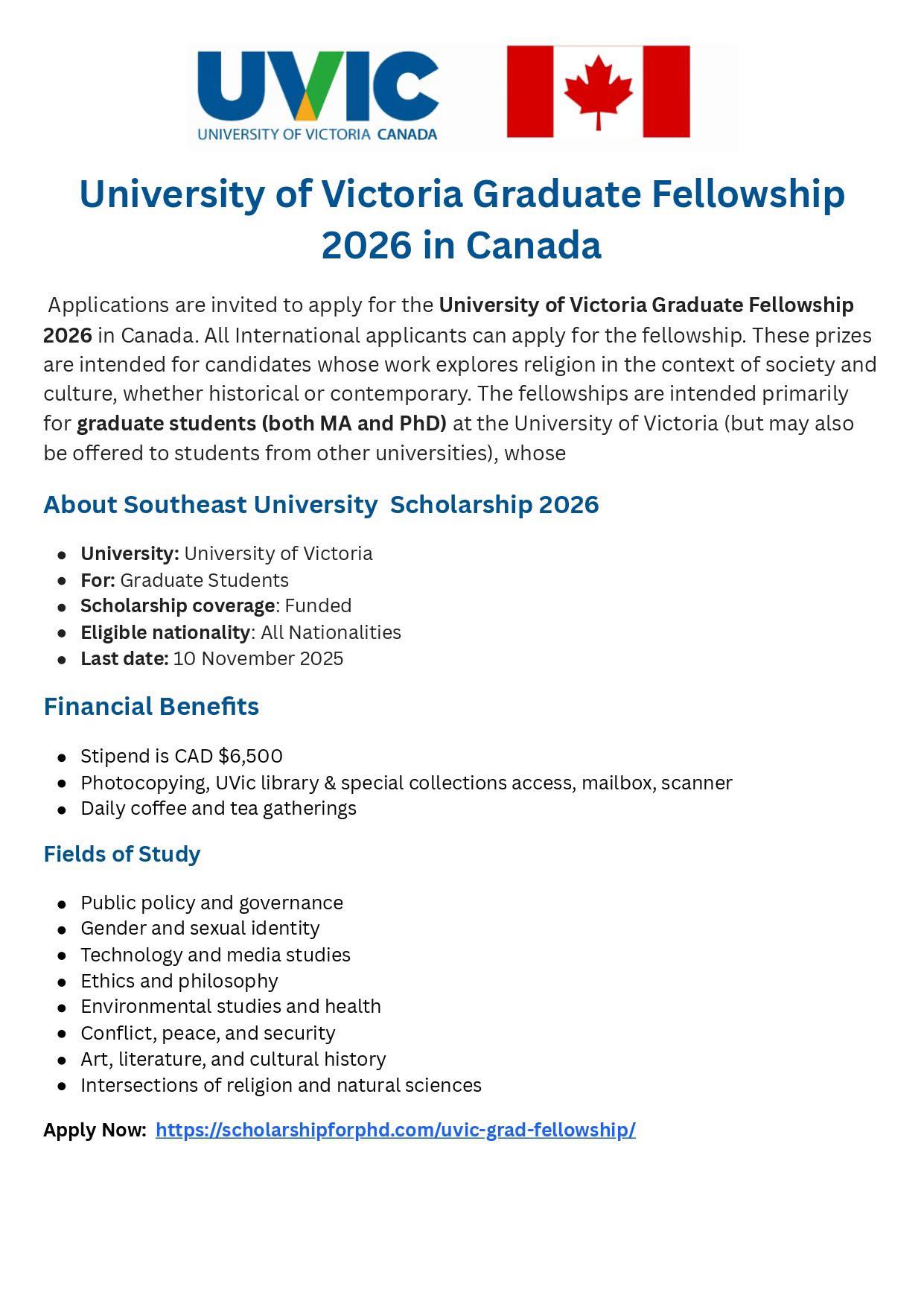 Hon. - University of Victoria Graduate Fellowship 2026 in Canada ...