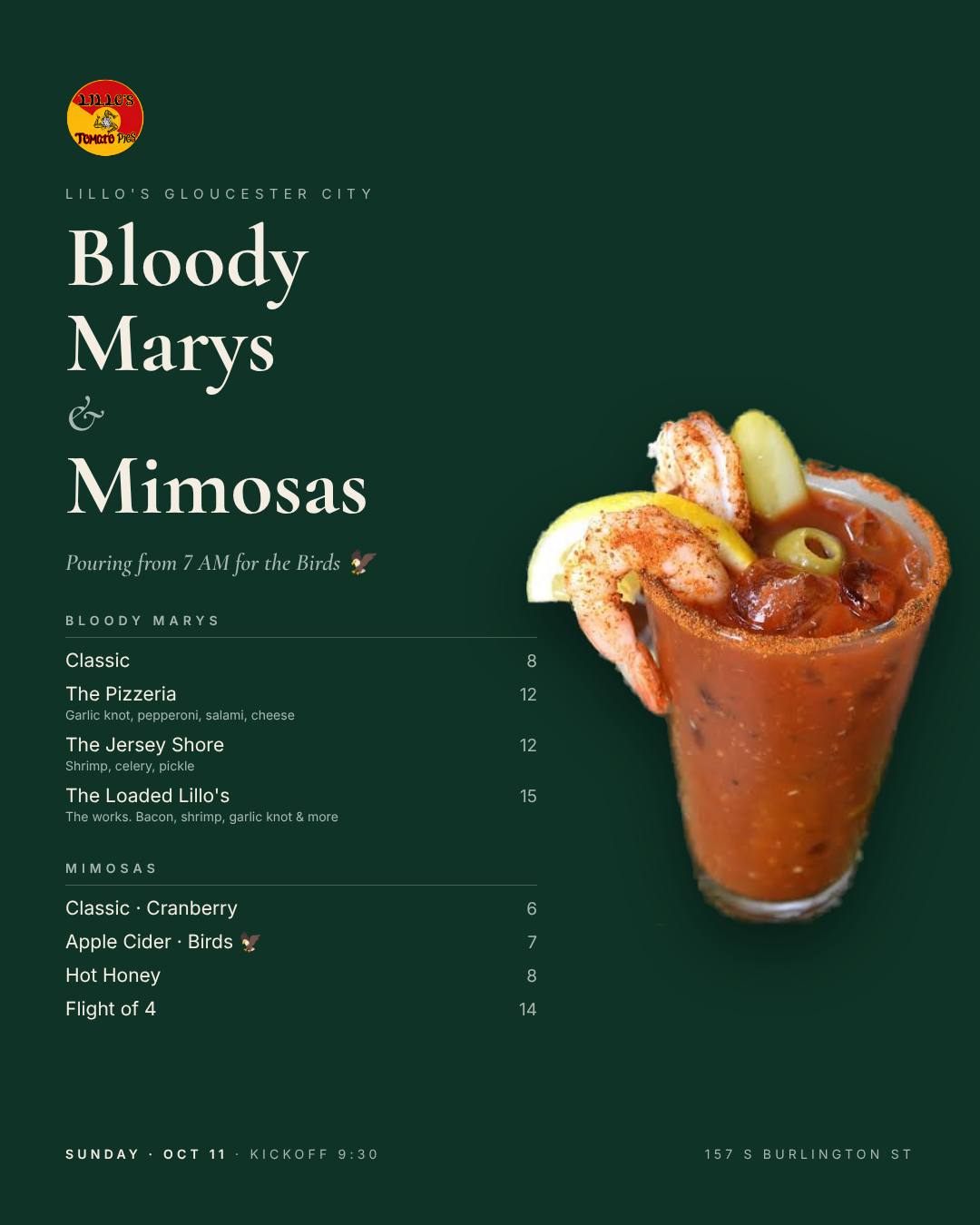 Lillo's Gloucester City bloody mary and mimosa menu
