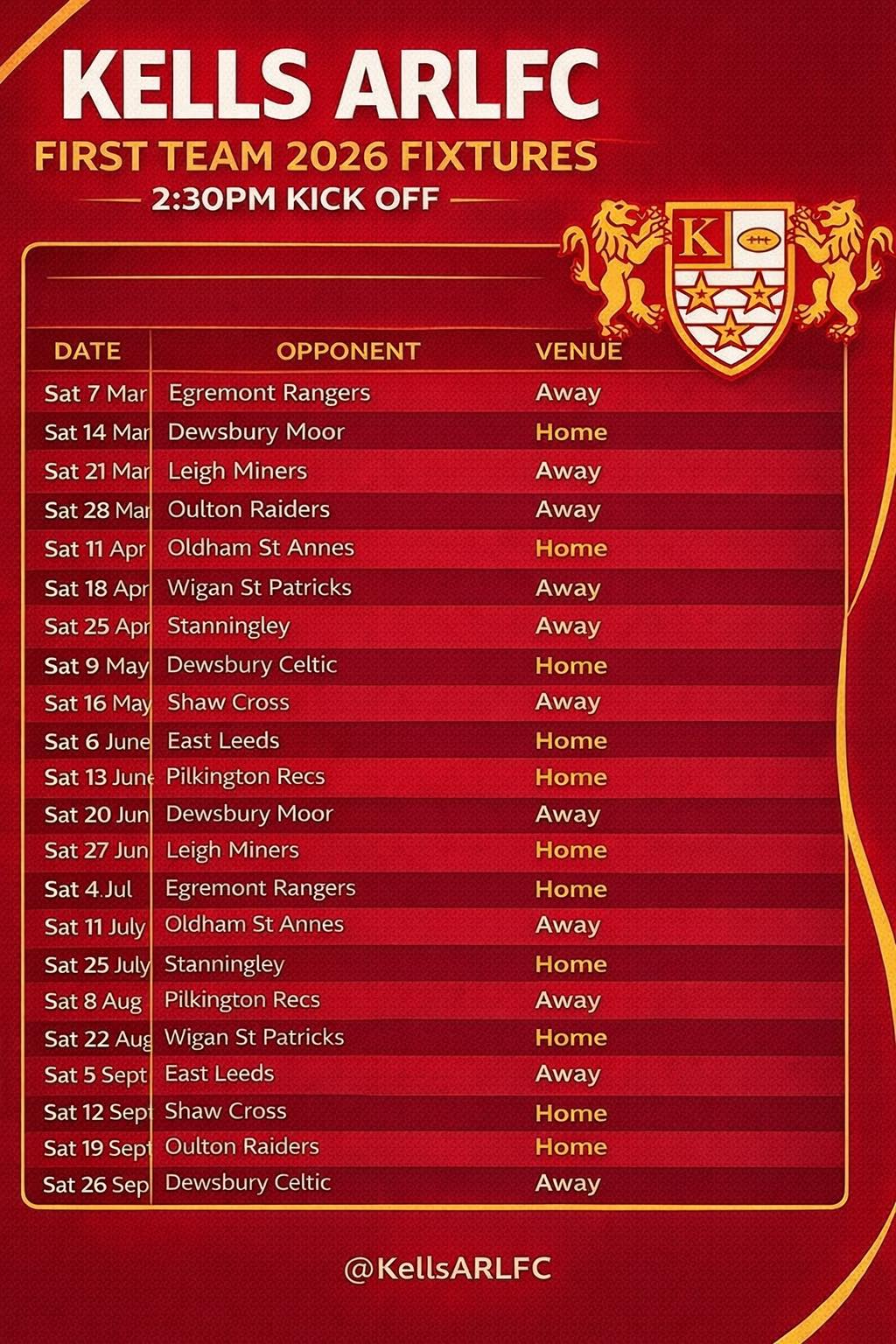 Kells - 🏉 Kells ARLFC – NCRL Division 1 Fixtures 2026 🏉 Our 2026 NCRL ...