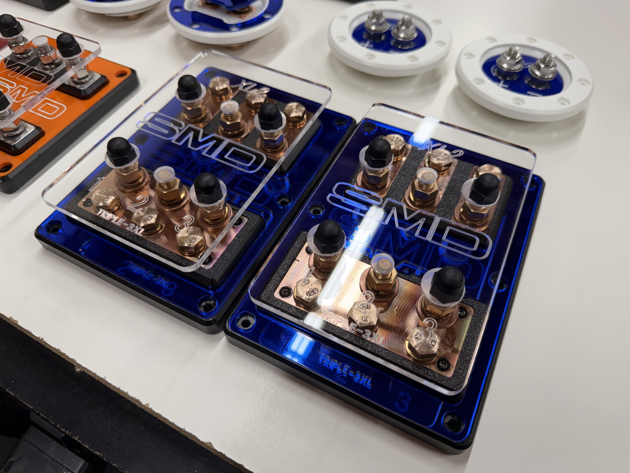 A pair of Copper SMD Triple XL2 fuse blocks - Blue mirror over