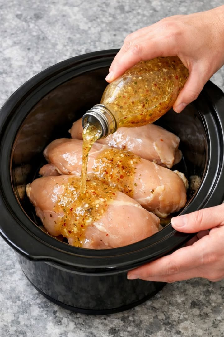 Pour italian dressing over chicken breasts, mixed with 1 simple ingredient, into slow cooker for a tender chicken dinner that's always a yes in my h. Full recipe 👇 💬