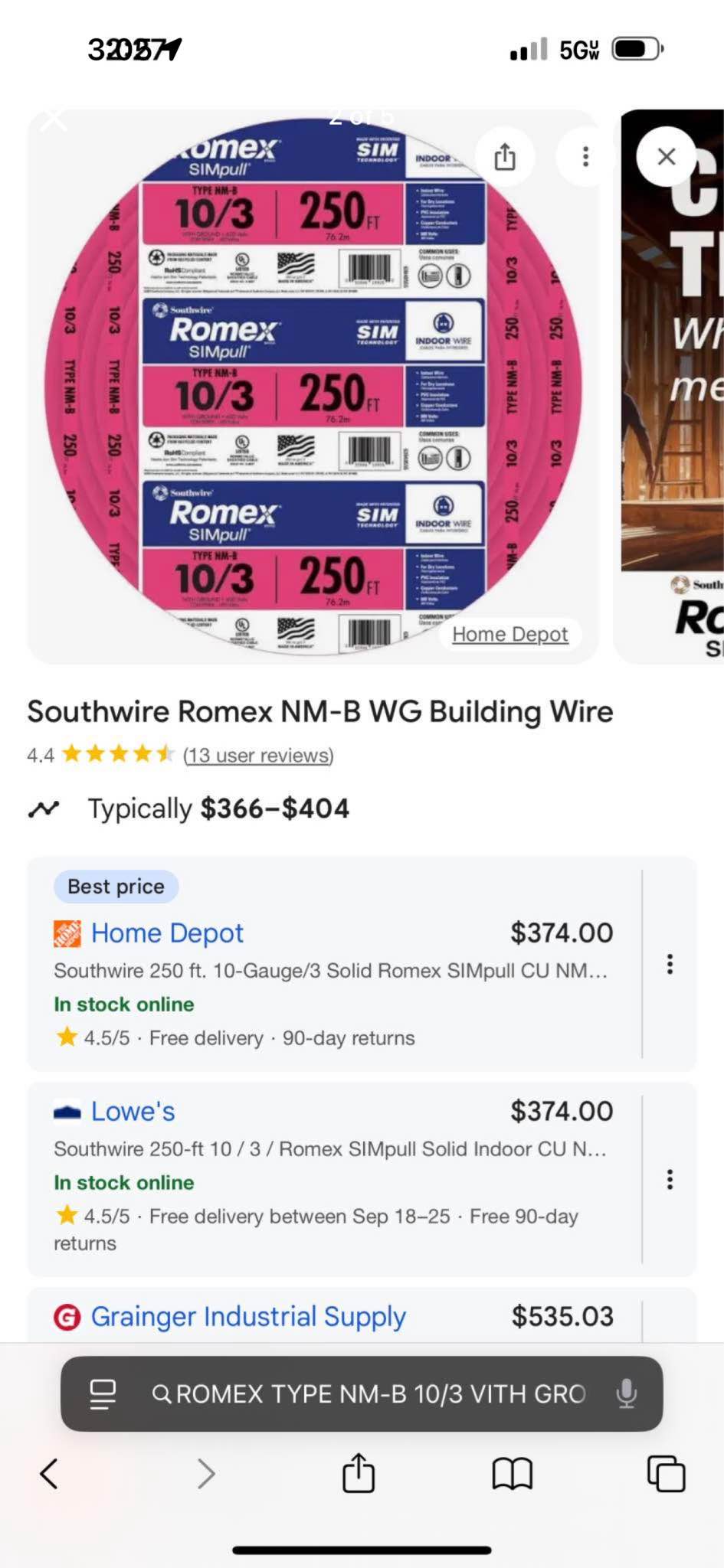 250 ft. 10-Gauge/3 Solid Romex SIMpull CU NM-B with G Wire Pink Coil I ...
