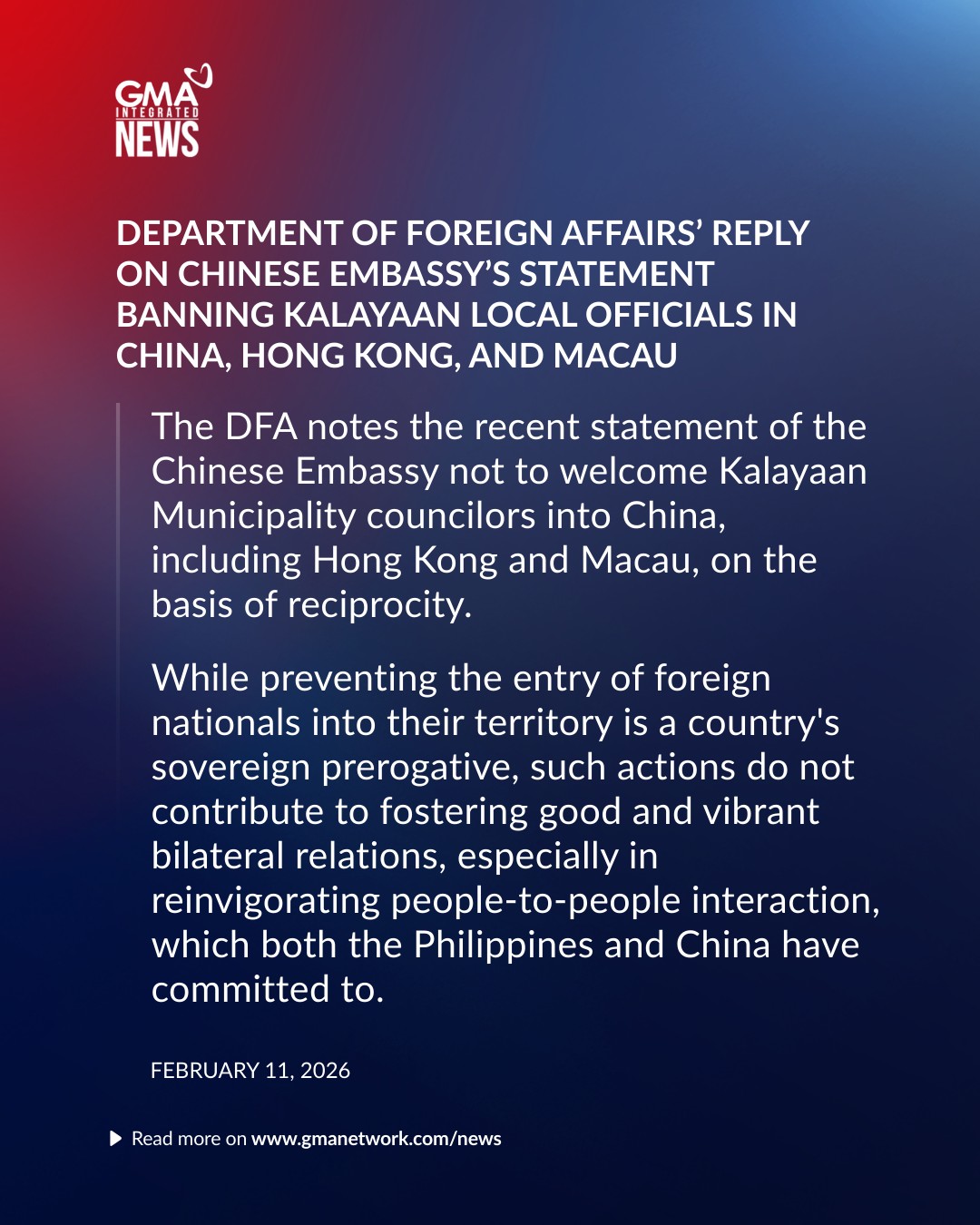 GMA - DFA ON CHINA'S BANNING OF KALAYAAN LOCAL OFFICIALS READ: The DFA ...