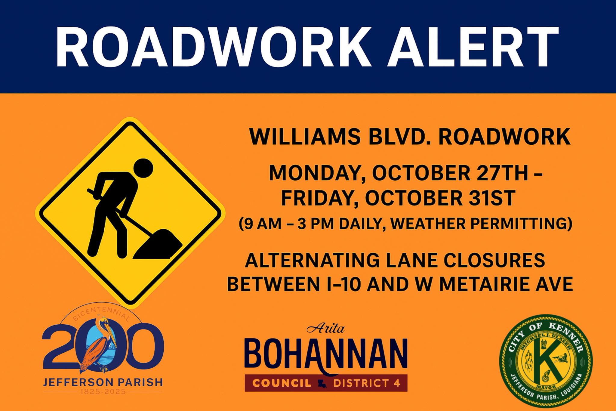 Arita - ROADWORK 🚧 Heads up, Kenner drivers! Beginning Monday, October ...