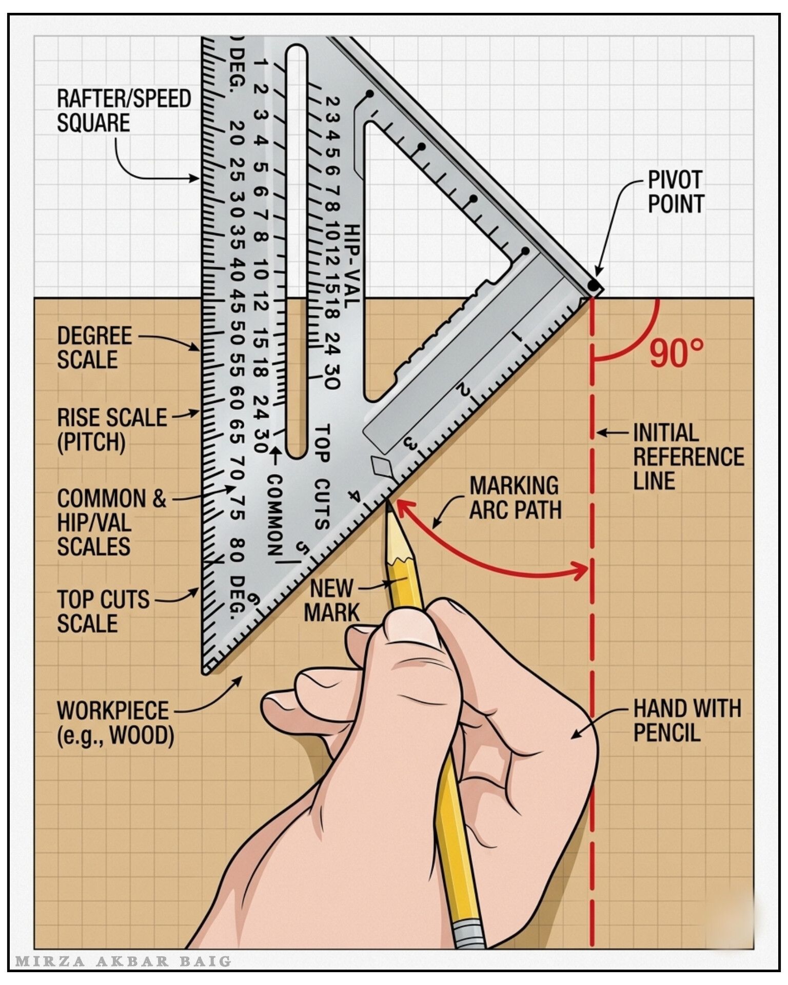 Rafter square (speed square) usage diagram showing angle marking 